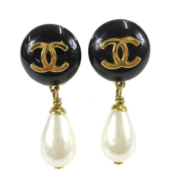 Chanel Artificial Pearl Dangle Earrings Clip-On Black 96P - Picture 1 of 4